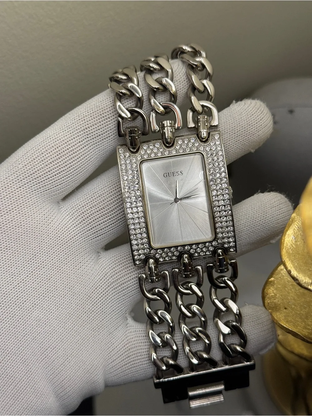 GUESS oversized Silver Crystal-Embellished women’s Chain Bracelet Watch